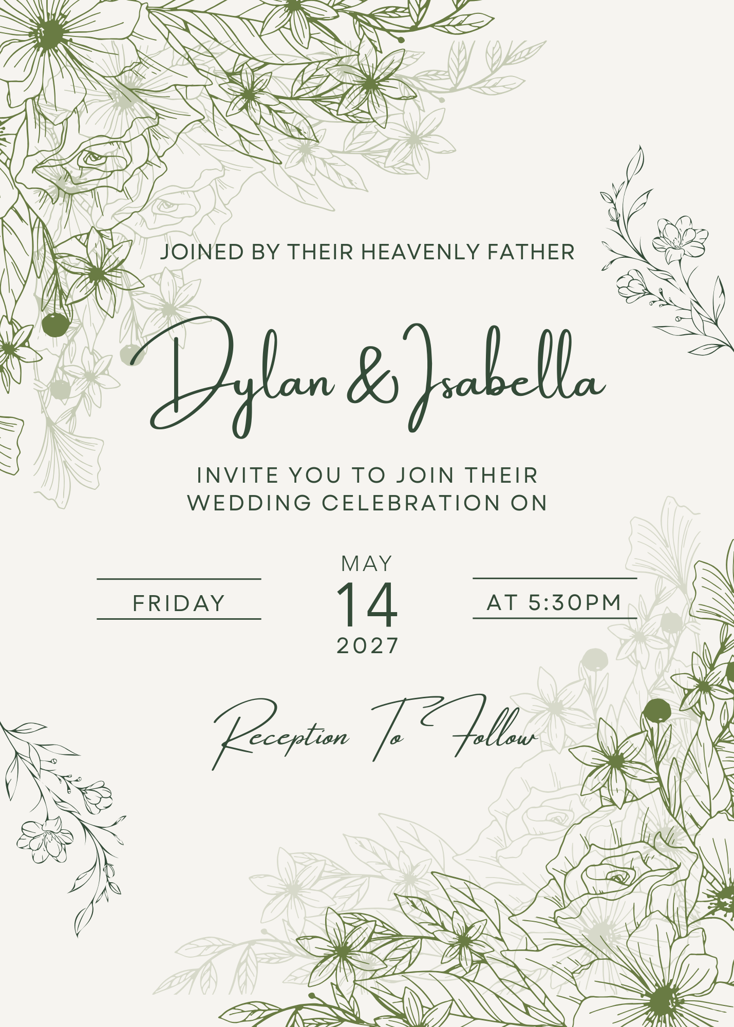 Wedding invitation — Dylan & Isabella, May 14, 2027