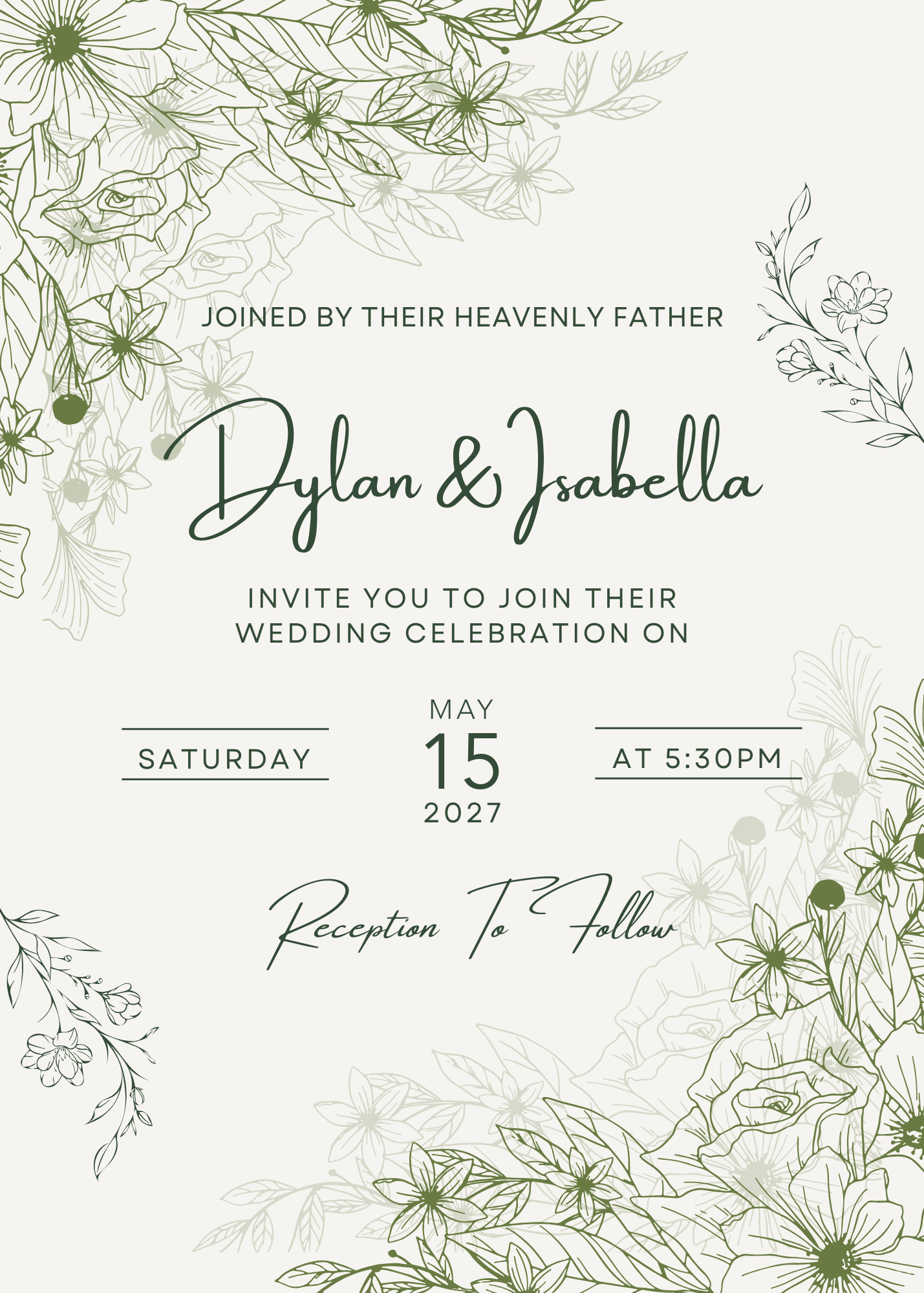 Wedding invitation — Dylan & Isabella, May 15, 2027